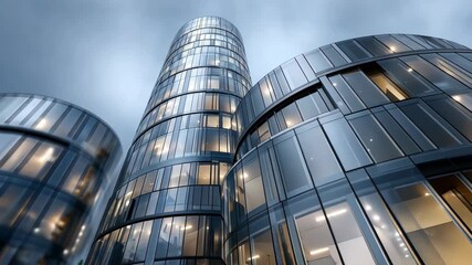 Modern architecture showcases elegant glass buildings in an urban setting during cloudy weather