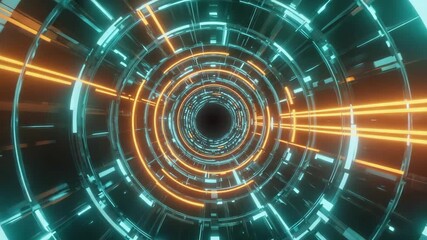 Orange and turquoise neon lights illuminate a futuristic tunnel leading to a dark abyss, creating a mesmerizing spectacle of color and geometry - Powered by Adobe