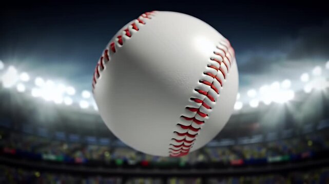Baseball with Red Stitching Floating in a Crowded Stadium Under Bright Lights