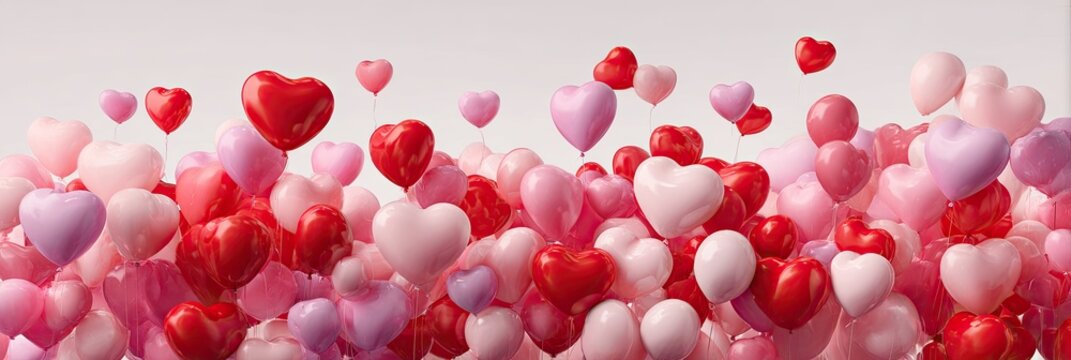 Heart-shaped balloons in various shades of pink and red fill the image, floating against a light gray background