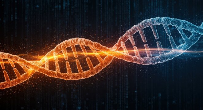 Glowing DNA Strand with Binary Code Background. - Powered by Adobe