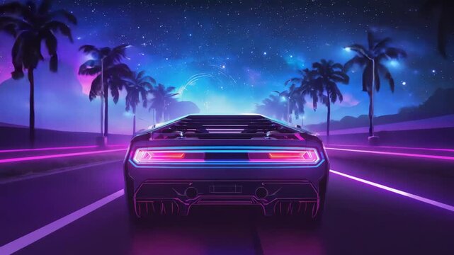 Futuristic sports car with glowing neon lights driving down a palm tree-lined road at night, with vibrant synthwave colors creating a retro-futuristic atmosphere