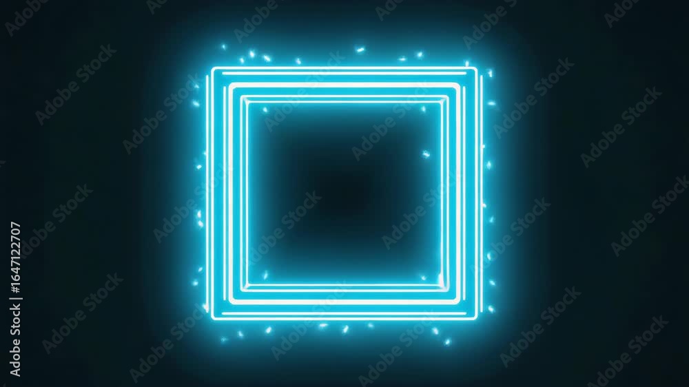 Wall mural bright glowing neon light square frame with particles floating around it on a dark background create