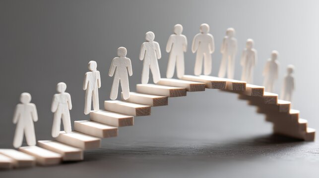 Teamwork concept with miniature figures bridging a gap with wooden steps.