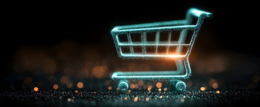The glowing shopping cart symbol on a digital technology background. - Powered by Adobe