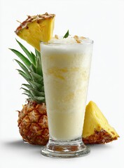 Creamy pineapple smoothie in tall glass, garnished with pineapple chunks and coconut flakes