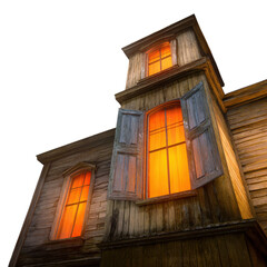 Obraz premium Haunted house with glowing orange windows and weathered wooden shutters creates eerie and mysterious atmosphere at dusk