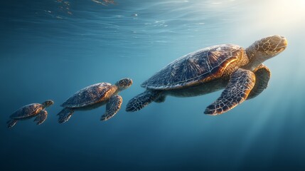 Obraz premium Tranquil underwater scene featuring graceful sea turtles swimming serenely.