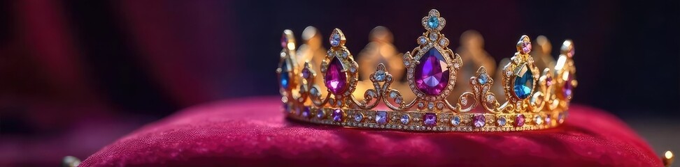 Fototapeta premium Sparkling Jeweled Crown on Velvet Cushion Intricate Details and Precious Stones Reflect Light, Perfect for Royalty, Fantasy, Luxury, and Jewelry Themes