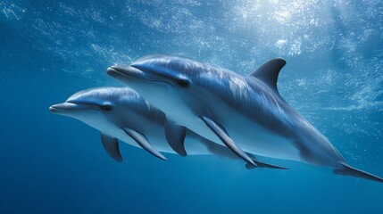 Obraz premium Two dolphins gracefully swim in clear blue waters, showcasing marine beauty and harmony.