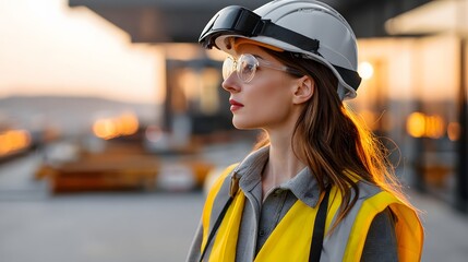 Profile of a Female Construction Worker Wearing Safety Gear at Sunset on a Building Site