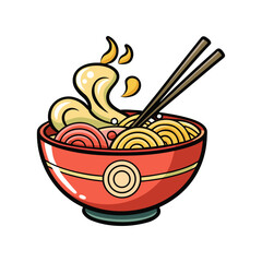 Delicious Japanese ramen bowl vector illustration with chopsticks, hot steam swirls, Asian food design for restaurant branding and menu