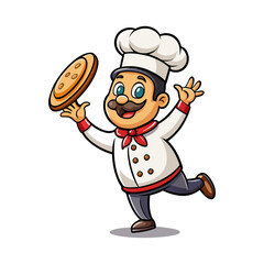 Cheerful Pizza Chef Cartoon Mascot Tossing Dough in Air, Fun Italian Restaurant Illustration, Smiling Culinary Character Vector Art