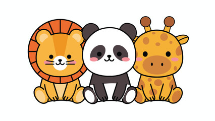 Fototapeta premium Playful cartoon lion, panda, and giraffe sitting side by side with happy expressions. Ideal for wildlife illustrations, childrens products, and educational materials.