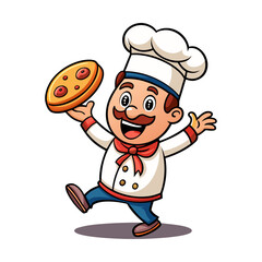 Cheerful Pizza Chef Cartoon Mascot Tossing Dough in Air, Fun Italian Restaurant Illustration, Smiling Culinary Character Vector Art