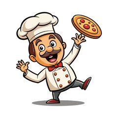 Cheerful Pizza Chef Cartoon Mascot Tossing Dough in Air, Fun Italian Restaurant Illustration, Smiling Culinary Character Vector Art