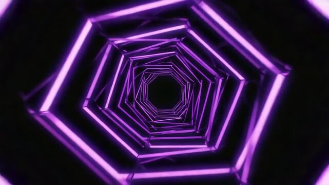 Purple neon lights form a hexagonal tunnel, creating an infinity effect, leading into a dark abyss, ideal for backgrounds and digital art projects