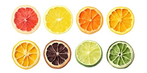 Dried and fresh citrus fruit wheel slices PNG set, cutout isolated on transparent background. Grapefruit, orange, lemon, lime cocktail garnish decoration graphic resource