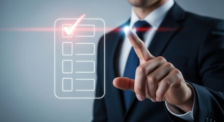 Professional businessman interacting with a futuristic digital checklist interface on a transparent screen