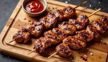 Grilled meat skewers served on wooden cutting board with sauce  