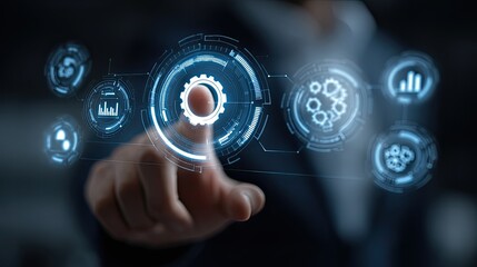 Futuristic digital interface with glowing blue elements and a hand interacting with data displays, symbolizing technological innovation and digital transformation.