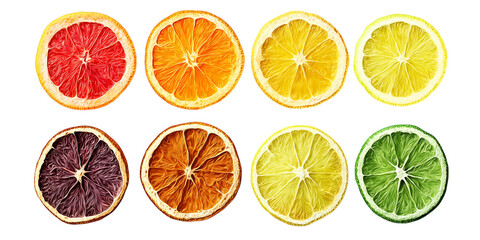 Fototapeta premium Dried and fresh citrus fruit wheel slices PNG set, cutout isolated on transparent background. Grapefruit, orange, lemon, lime cocktail garnish decoration graphic resource