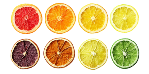 Dried and fresh citrus fruit wheel slices PNG set, cutout isolated on transparent background. Grapefruit, orange, lemon, lime cocktail garnish decoration graphic resource