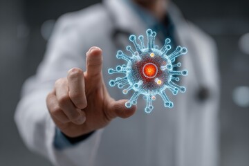 Doctor points at 3D virus model