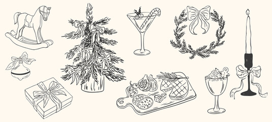 Hand drawn chalk vintage new year set. Whimsical Christmas dinner table decor candles, charcuterie, wine or champagne. Retro vintage ink holiday menu elements. La dolce vita vector illustration.
