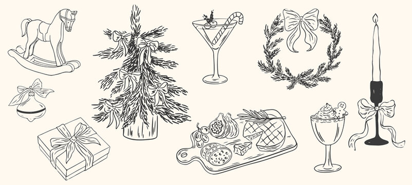Hand drawn chalk vintage new year set. Whimsical Christmas dinner table decor candles, charcuterie, wine or champagne. Retro vintage ink holiday menu elements. La dolce vita vector illustration.