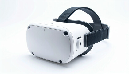 A white virtual reality headset with black straps is displayed against a white background.