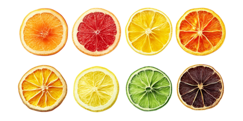 Dried and fresh citrus fruit wheel slices PNG set, cutout isolated on transparent background. Grapefruit, orange, lemon, lime cocktail garnish decoration graphic resource