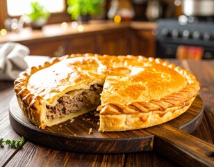 A golden-brown meat pie, with a slice cut out, sits on a wooden board in a warm kitchen setting.