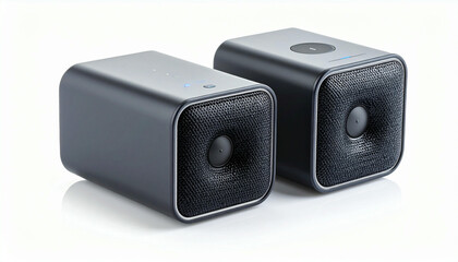 Fototapeta premium Two modern, rectangular speakers with mesh fronts, presented against a clean white background.