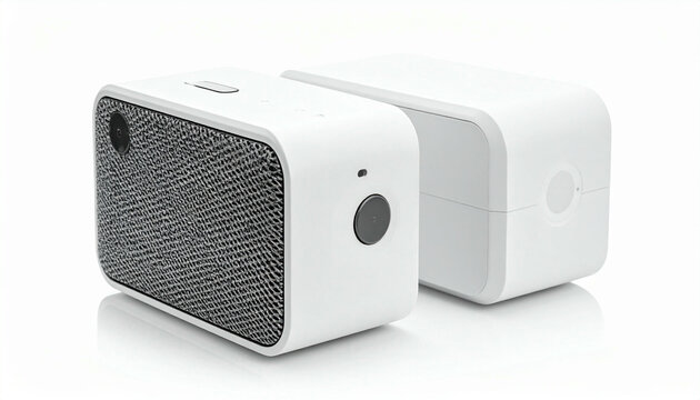 Two sleek, white rectangular devices with a dark gray speaker grille, possibly Bluetooth speakers or smart home gadgets, sit on a reflective surface. - Powered by Adobe