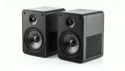 Obraz premium Two modern black speakers sit side-by-side against a plain white backdrop, showcasing audio equipment.