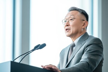 Middle-aged Asian man addressing press conference on company reputation issues and leadership challenges