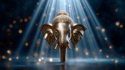 Majestic golden fire elephant deity ganesha rising from horizon spiritual realm visual art ethereal setting divine perspective mythological concept