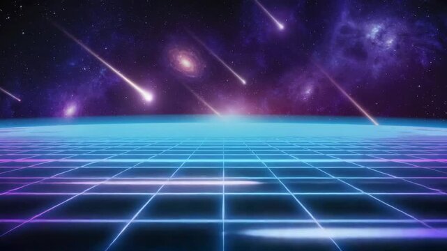 Retro neon grid glowing vibrantly, with meteors cascading down against a stunning backdrop of galaxies and stars, creating an immersive synthwave-inspired space scene