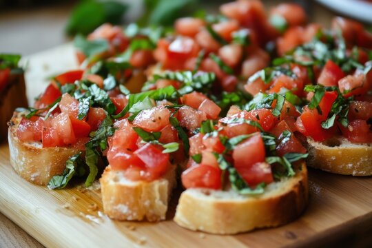 Close up of bruschetta with basil and tomato - Powered by Adobe
