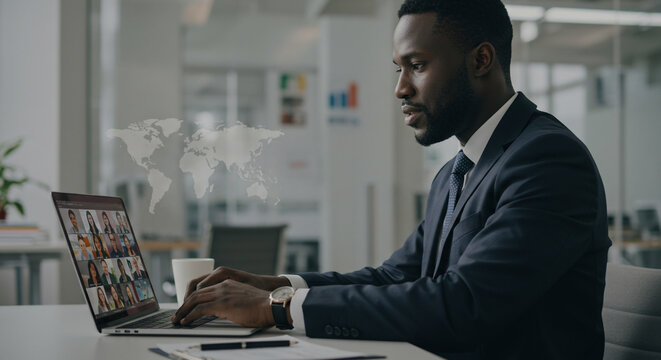 African american businessman in suit on laptop video call with world map overlay in office space - Powered by Adobe