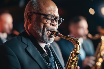 Diverse saxophonists create lively atmosphere at jazz band performance in a vibrant venue