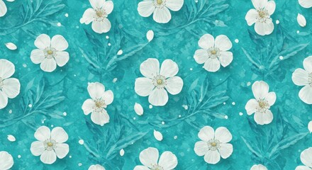 Watercolor Floral Pattern: White Flowers on Teal Background.