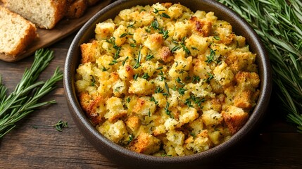 Savory homemade stuffing with fresh herbs served in a rustic bowl, perfect for holiday dinners