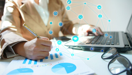 Woman Analyzing Data with Network Graphic