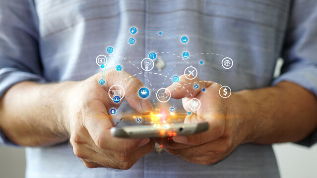 Person Using Smartphone with Network Graphic