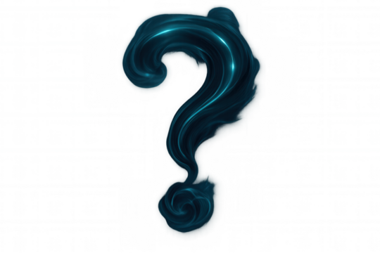 Blue liquid spinning, morphing into question mark shape against transparent backdrop, symbolizing inquiry, doubt, and strategic thinking process