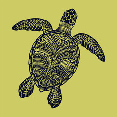 Fototapeta premium Sea Turtle's Patterned Voyage: An overhead view reveals an intricately patterned sea turtle gracefully navigating, embodying the beauty of marine life and artistic detail.