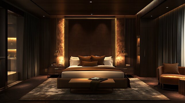 Luxurious dark modern bedroom with plush bedding and ambient lighting