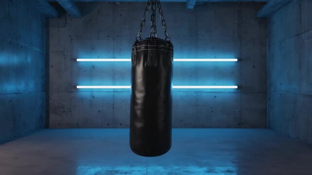 Black punching bag hanging from ceiling by metal chain in empty underground gym with neon lights illuminating concrete walls and floor, creating cool and edgy atmosphere